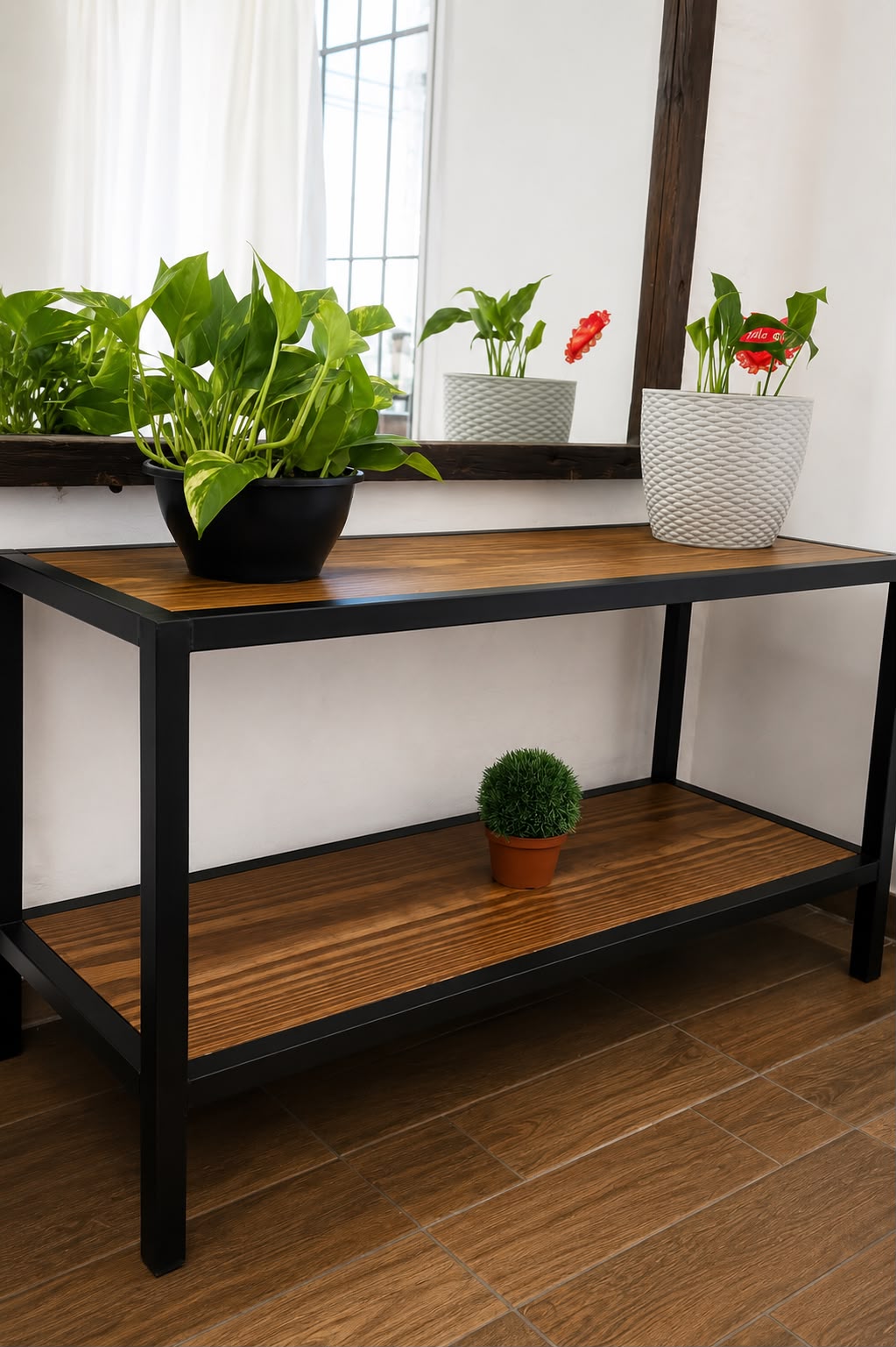 Mesa consola recibidora de hierro y madera