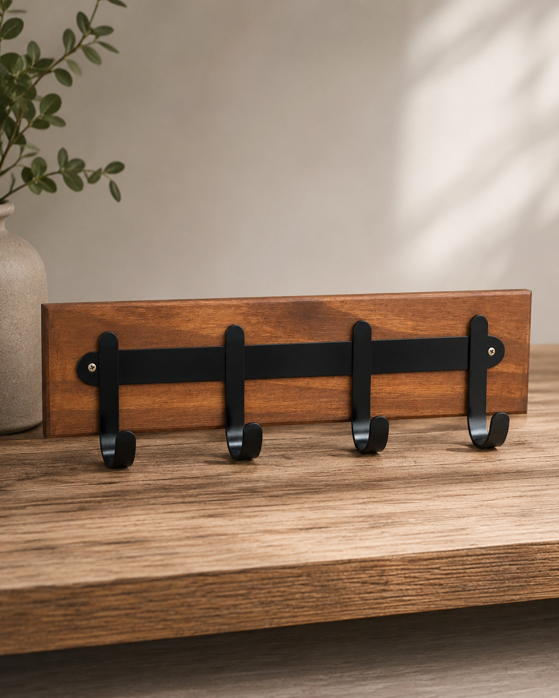 Perchero De Pared Madera Y Hierro Negro 4 Ganchos