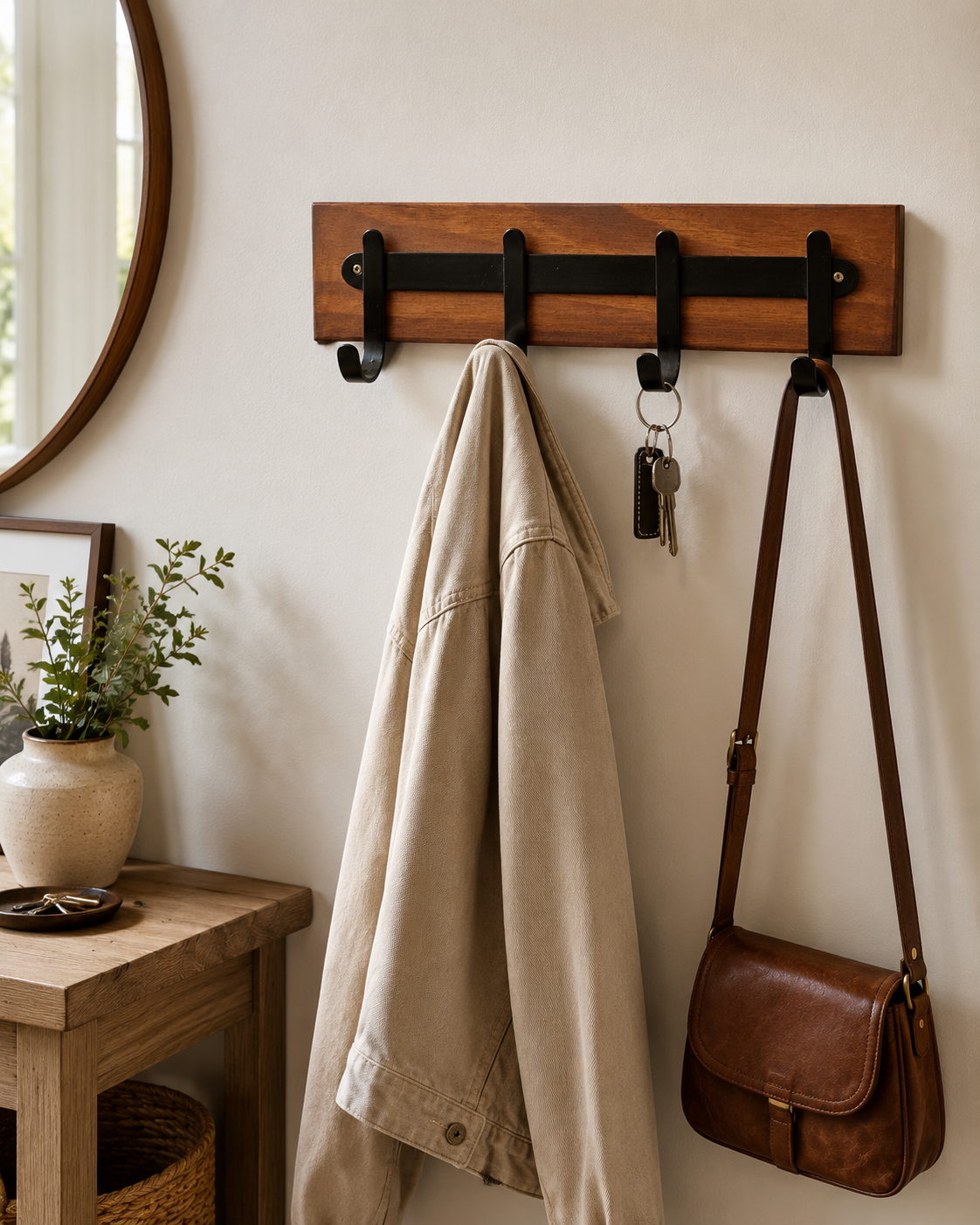 Perchero De Pared Madera Y Hierro Negro 4 Ganchos